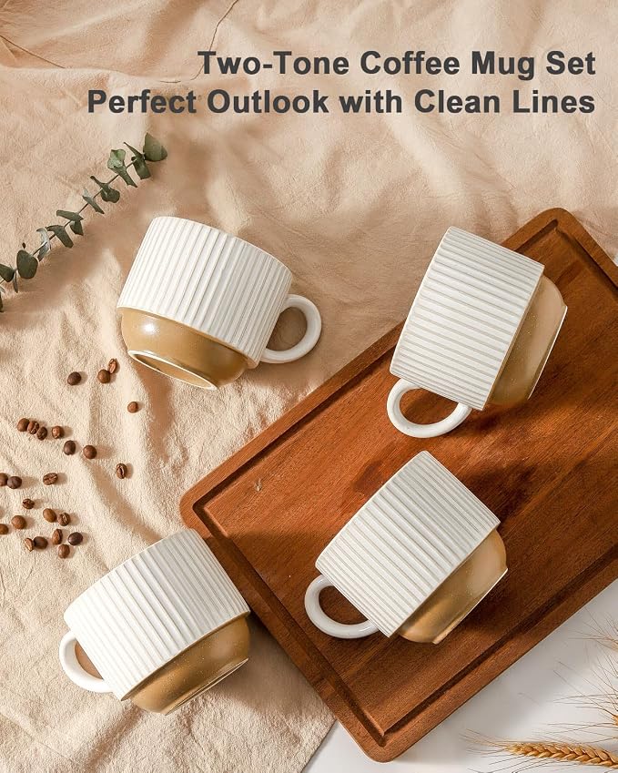 HASENSE 15 oz Ribbed Stackable Ceramic Coffee Mug Set of 4, Dishwasher & - Image 3