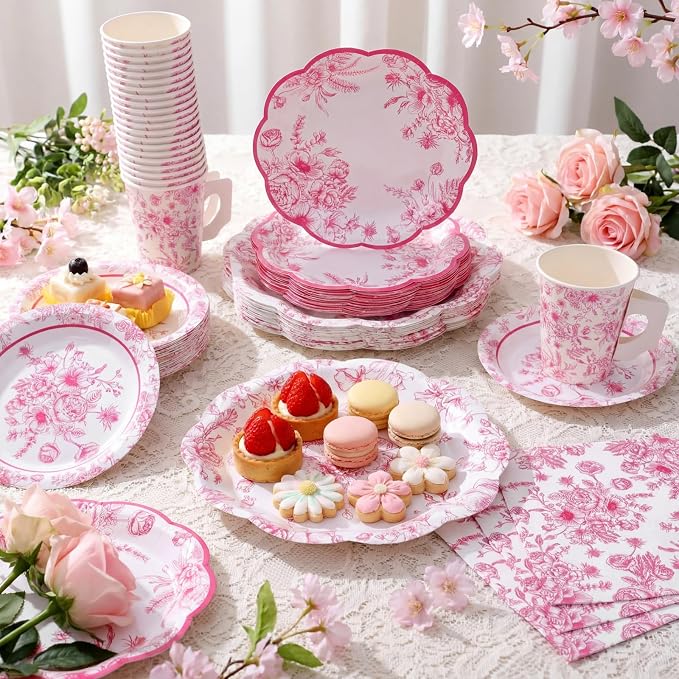Pickmesh 252 Pcs Pink Floral Tea Party Supplies - Image 4