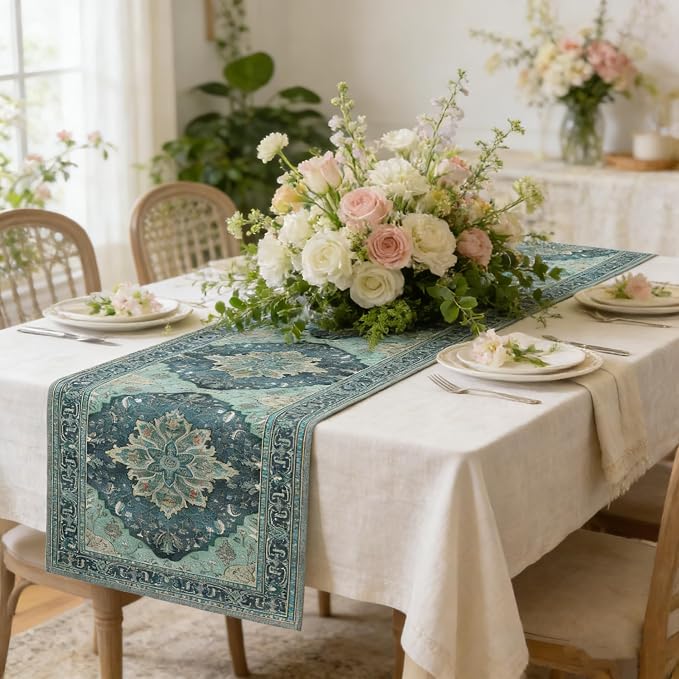 OYIMUA Boho Floral Pattern Summer Table Runner 72 Inches Long Teal and Blue - Image 4