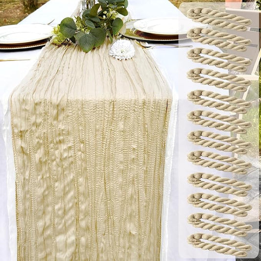 12 Pack Beige Cheesecloth Table Runner 22x120 Inch-Naturally Dyed Colors Sheer Gauze Ivory Cheese Cloth Wedding Table Runner,Rustic Boho Crinkle Fabric, Reception, Bridal Shower,Farmhouse Dining Decor