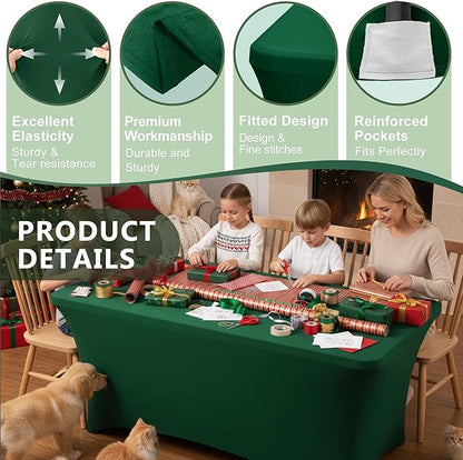 Table Cover for 6 Foot Rectangle Tables-8 Pack Hunter Green Fitted Stretch Tablecloth-Spandex 6ft Christmas Tablecloth for Party, Vendor Booth Display, Banquet Buffet Event, Craft Trade Show