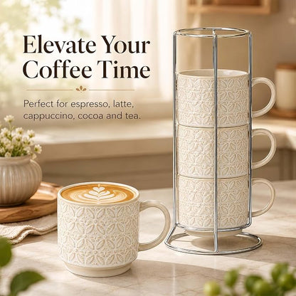 6 Oz Coffee Mugs with Stand, Stackable Ceramic Espresso Cups Set of 4, Embossed - Image 2
