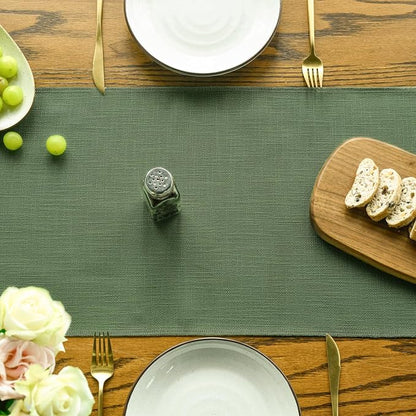 Artoid Mode Dark Green Tassel Table Runner, Linen Blend Rustic Farmhouse Style - Image 2