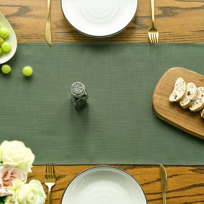 Artoid Mode Dark Green Tassel Table Runner, Linen Blend Rustic Farmhouse Style - Image 2