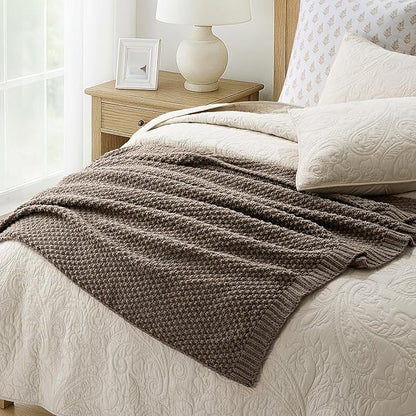 EVERGRACEHOME Chunky Chenille Knit Throw Blanket for Couch, Soft Luxurious Moss Stitch Blankets for Bed, Cozy Decorative Farmhouse Knitted Throws for Sofa, Mocha Brown, 50" x 60"
