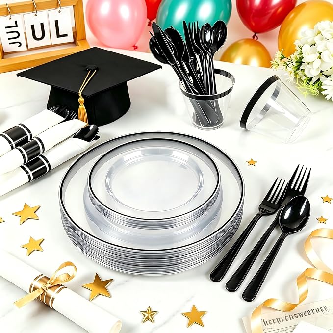 SUT 175 Pcs Black and Clear Plastic Dinnerware Set - Image 3