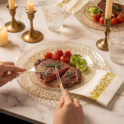 Rubtlamp 350 Pcs Gold Glitter Plastic Plates, Hammered Disposable Plates Set (50 Guests), Glitter Dinnerware Set Include 100 Plastic Plates, 150 Glitter Silverware, 50 Cups And 50 Napkins