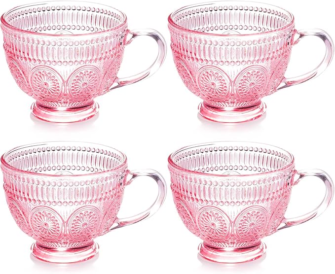 Vintage Glass Coffee Mugs with Handle-14 oz Pink Embossed Glass Cups by GLASSSMILE