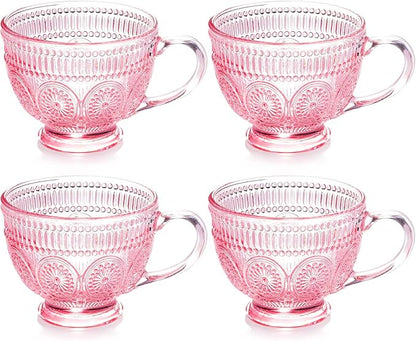 Vintage Glass Coffee Mugs with Handle-14 oz Pink Embossed Glass Cups by GLASSSMILE