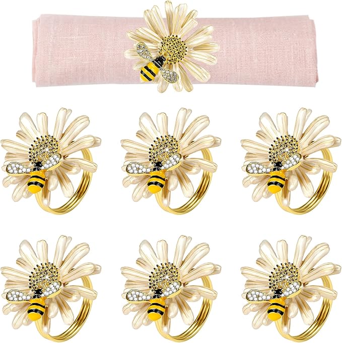 Kesote Daisy Flower Napkin Rings Set of 6, Bee Floral Style | Bee Party by Kesote