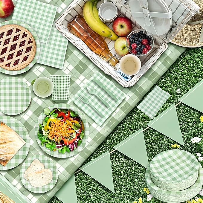 180Pcs Green Gingham Party Supplies Paper Plates and Napkins Serve 60 | - Image 4
