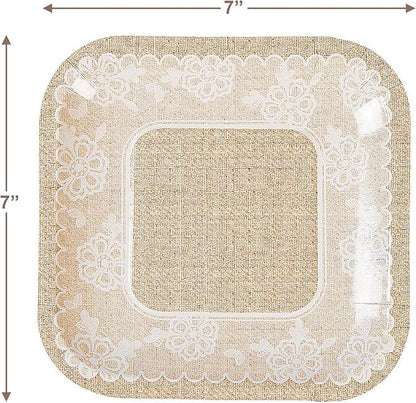 HOME & HOOPLA Wedding Party and Bridal Shower Rustic Burlap and Lace Paper Dessert Plates and Beverage Napkins (Serves 16)