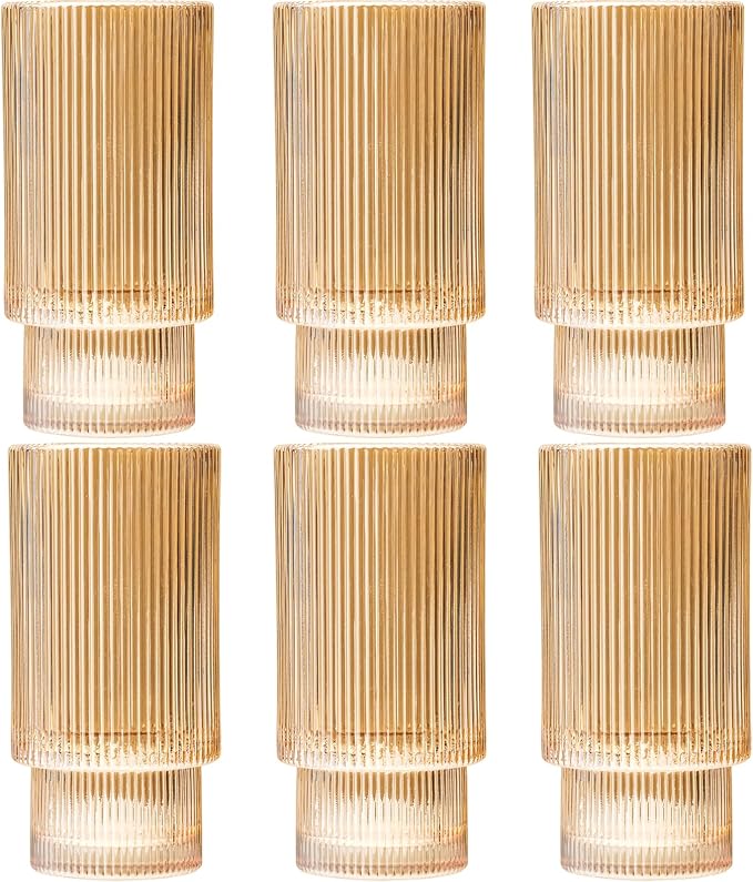 12 oz Ribbed Drinking Glasses Set of 6, Highball Glass Cups Ridged Glass Tumbler by XKXKKE