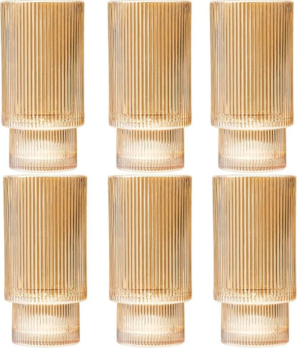 12 oz Ribbed Drinking Glasses Set of 6, Highball Glass Cups Ridged Glass Tumbler by XKXKKE