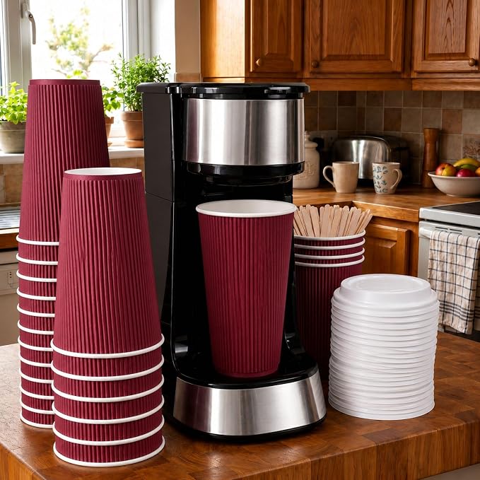 Restaurantware Ripple Wall Coffee Cups 500 Count 16 Ounce Insulated Crimson - Image 3
