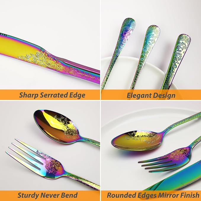 Runfly Modern Carved Floral Rainbow Stainless Steel 20-Piece Flatware Set | - Image 2