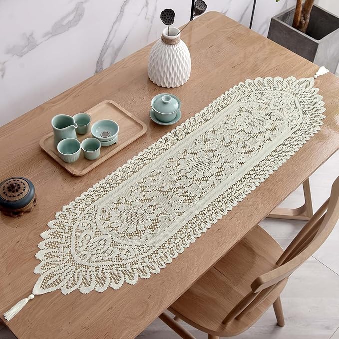 2Pcs Lace Table Runners with Tassels, Farmhouse Boho Doily Vintage Floral by RHVQ