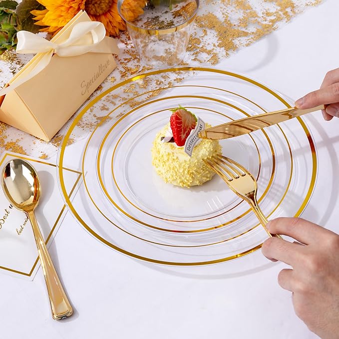 bUCLA 300Pcs Clear Gold Plastic Disposable Dinnerware Set - Image 9