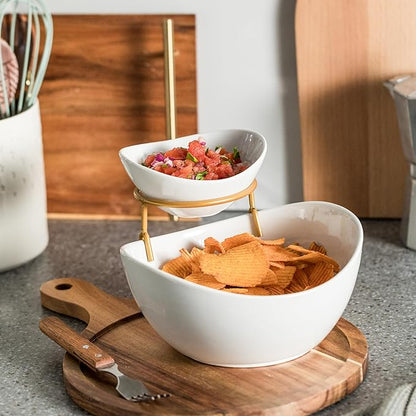 YHOSSEUN Chip and Dip Serving Set 2 Tiered Chip Dip Bowls with Metal Rack for Appetizer, Snacks - Large Chip Bowl 45 oz Small Dip Bowl 7 oz-Serving Bowls for Party, Food Dispaly - Gold Stand