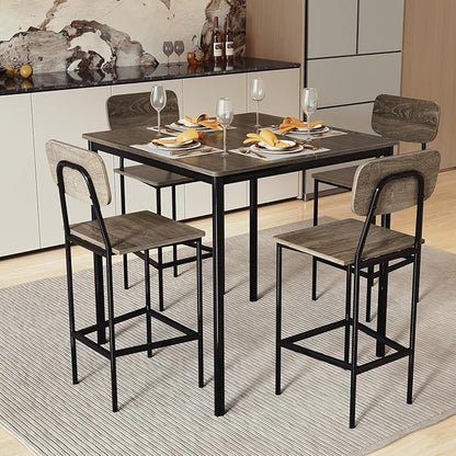 COSTWAY Dining Table Set for 4, 5-Piece Square Kitchen Nook Dinette Set with 4 Bar Stools with Footrest, Backrest, Space-Saving Design, Industrial Kitchen Table and Chairs for Apartment, Grey