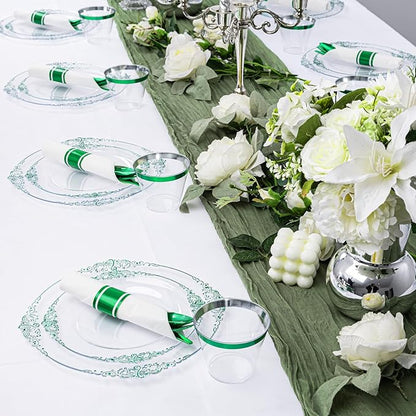 Hioasis 175pcs Clear and Green Plates - Green Party Plates for 25 Guest, Include 50 Heavy-duty Plates(20% Thicker Than Standard), 25 Pre Rolled Gold Plastic Silverware Set, 25 Cups for St. Patrick's D