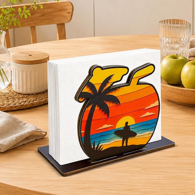 Summer Sunset Coastal Palm Tree Decor Wood Napkin Holder - Image 3