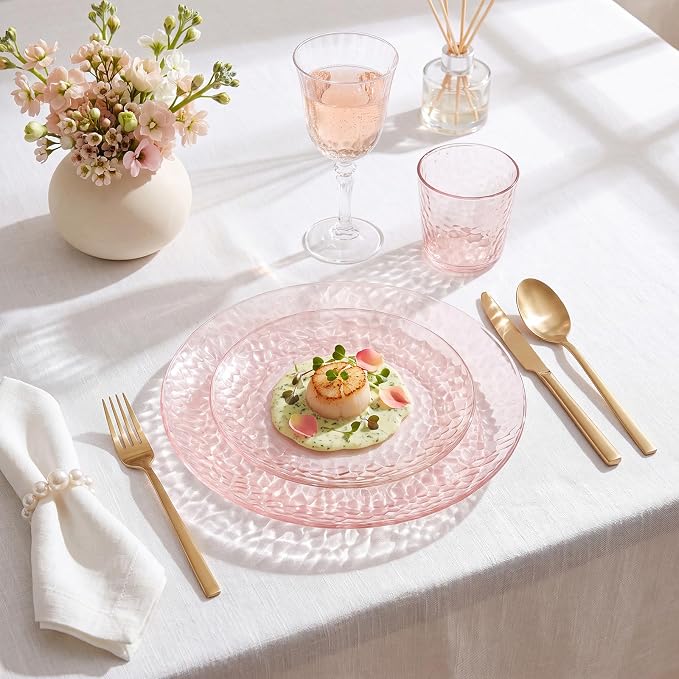 Rubtlamp 100 Pcs Clear Pink Plastic Plates, Hammered Plastic Pink Plates Set - Image 5