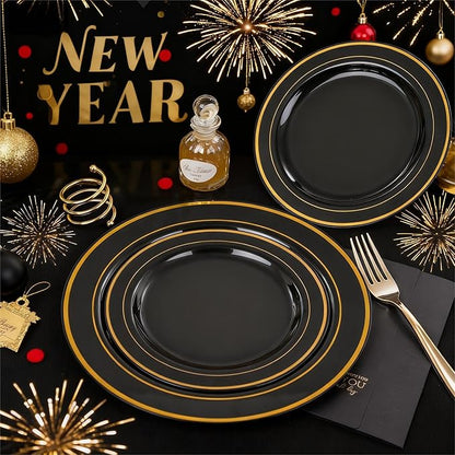 FLOWERCAT 100PCS Black and Gold Plates - Heavy Duty Black Plates Disposable for Halloween Party/New Year/Birthday- Include 50PCS 10.25inch Dinner Plates - 50PCS 7.5inch Dessert Plates