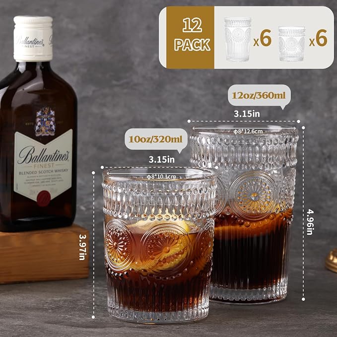 Moretoes Vintage Drinking Glasses Set of 12, Textured Striped Glass Cups | - Image 3