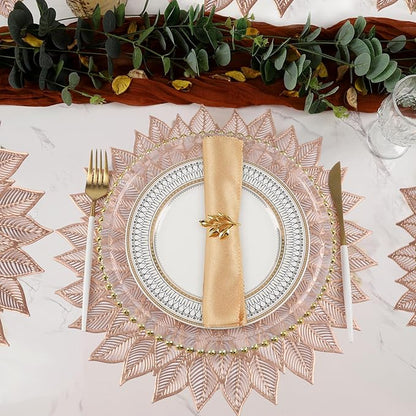 Placemats Set of 6, Round Hollow Out Flowers Place Mats for Dining Table Pressed Vinyl Blooming Leaf Table Mats for Holiday Party Wedding Accent Centerpiece Dinner Table Decoration (Rose Gold)
