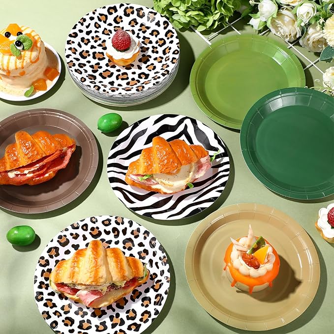60 Pcs 7 Inch Jungle Safari Paper Plates Forest Animal Plates Decorations Sage Green Brown Dessert Dish Disposable Tableware for Woodland Baby Shower Birthday Safari Themed Party Supplies