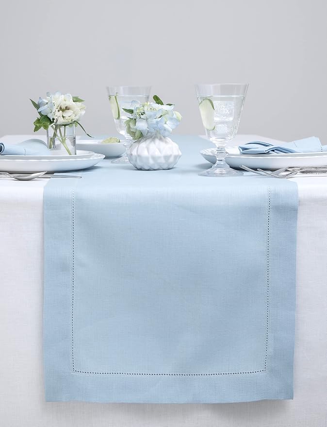 Solino Home 100% Linen Table Runner Sky Blue, Classic Hemstitch 14 x 108 in | by SolinoHome