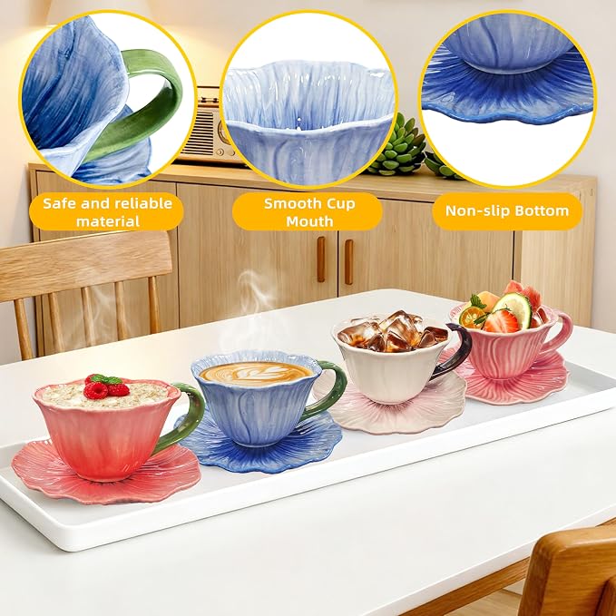 10 oz Tea Cups and Saucers, Ceramic Flower-shaped Cappuccino Cup, Latte Cup and - Image 6