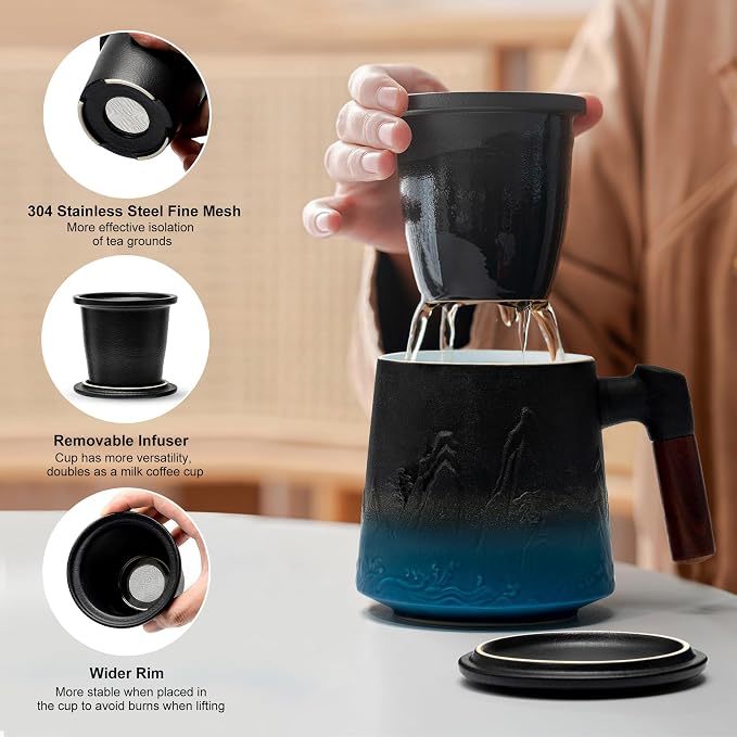 suyika Ceramic Tea Cup with Infuser and Lid, Gradient Embossed Large Tea Mug - Image 2