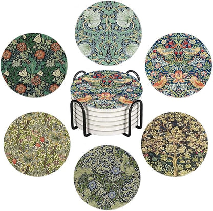 Drink Coasters for Drinks Set of 6, Vintage Art Nouveau Floral Pattern Absorbent Round Ceramic Stone Mat Coaster, with Cork Base and Metal Holder, Home Bar Decor House Warming Gift