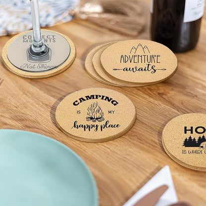 Coasters for Drinks with Holder Set of 6, Camping Coaster Absorbent Cork Wood for Cup Desk Office Table Kitchen Decor House Warming Gifts for New Home Couples, Round 4"