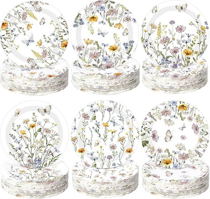 60 Pcs 7 Inch Floral Party Plates Wildflower Paper Plates Spring Summer Disposable Dinnerware Decoration for Tea Party Dinner Birthday Baby Shower Bridal Wedding Supplies