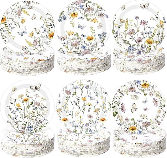 60 Pcs 7 Inch Floral Party Plates Wildflower Paper Plates Spring Summer Disposable Dinnerware Decoration for Tea Party Dinner Birthday Baby Shower Bridal Wedding Supplies