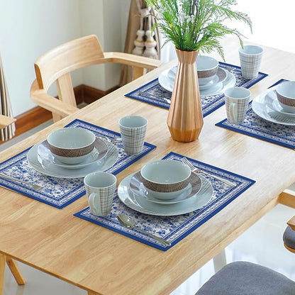 Blue Floral Branches Placemats Set of 4 ，12 x 18 Inch Chinoiserie Table Mats Washable Heat Resistant Linen Fabric Rectangle Place Mat for Indoor Outdoor Kitchen Dining Home Decor