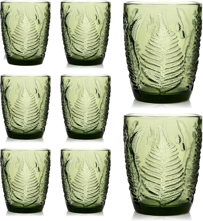 Green Drinking Glasses Set of 8, 10 oz Glass Cups, Vintage Fern Glassware | by QELVIO