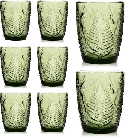 Green Drinking Glasses Set of 8, 10 oz Glass Cups, Vintage Fern Glassware | by QELVIO