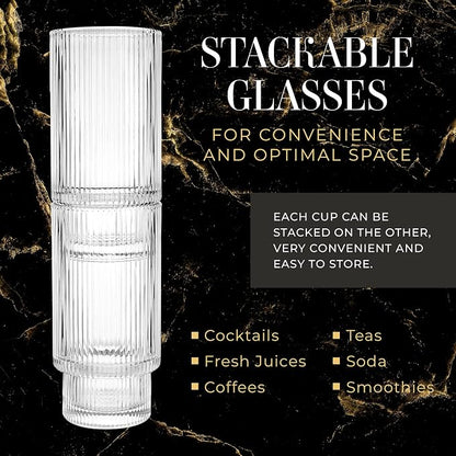 Kitchen Lux Ribbed Glass Cups 12oz Highball Tall Glass | Stackable Ribbed - Image 3