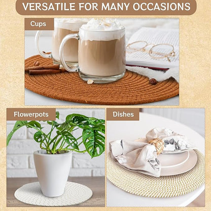 Kochorie Set of 4 Round Woven Cotton Placemats, 13 Inch Boho Table Mats for Kitchen and Dining Table, Farmhouse Heat Resistant Washable Trivets, Fall Thanksgiving Christmas Décor (Mixed Brown)