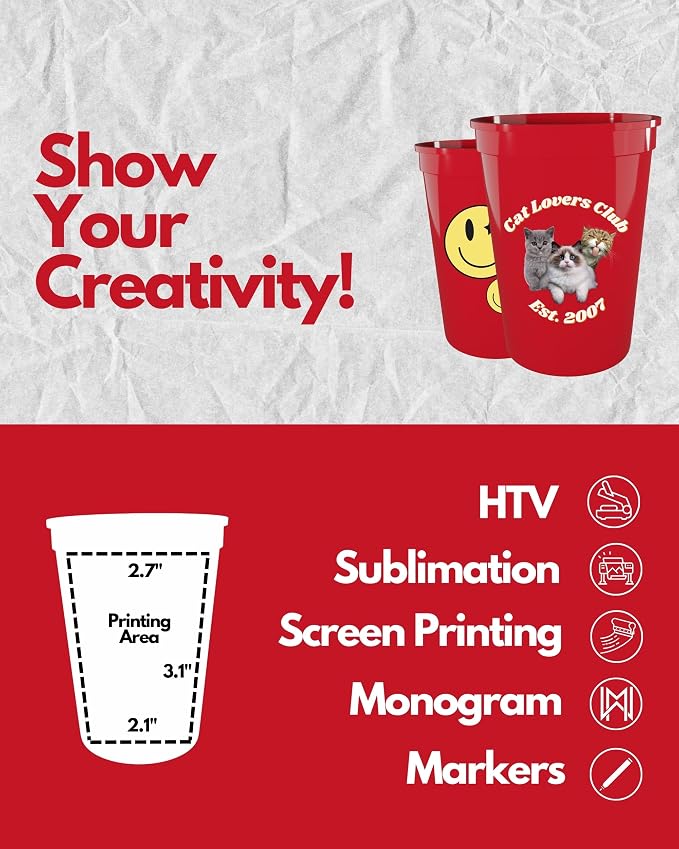 PartyPrints 100 Pack Small 10 to 12 oz Red Reusable Blank Plastic Cups - Image 3
