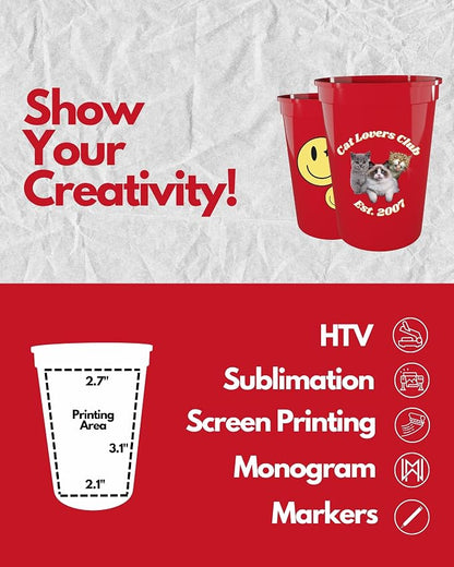 PartyPrints 100 Pack Small 10 to 12 oz Red Reusable Blank Plastic Cups - Image 3