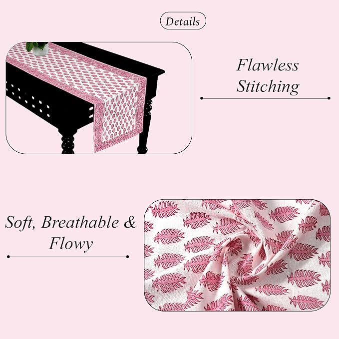 Taffy Pink Hand Block Print 100% Cotton Table Runner 16x106 Inch | Perfect - Image 2