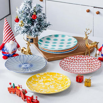 Ceramic Salad Plates Set - 8.5 Inch Round Porcelain Dinner Dishes for Dessert Pasta Appetizer Sandwich - Scratch Resistant, Microwave Dishwasher Safe - Set of 6 - Assorted Colors