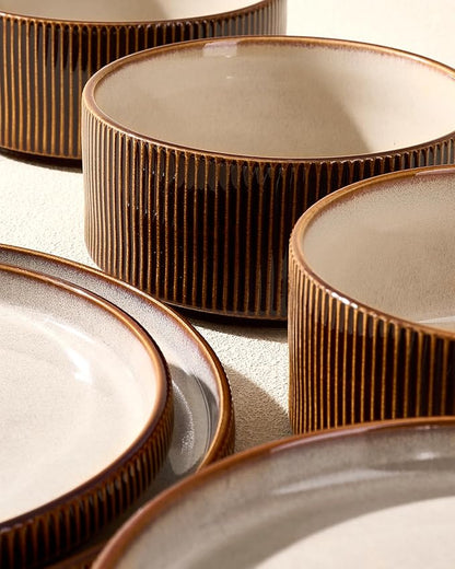 Dinnerware Set for 6, Ceramic Ribbed Plates, Dishes | 18-Piece Stoneware Dinner - Image 4