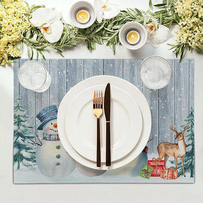 Winter Snowman Placemats Set of 4 - Xmas Tree Reindeer Snow Place Mats 12x18 Grey Wood Table Mats Kitchen Mats for Party Dining Table