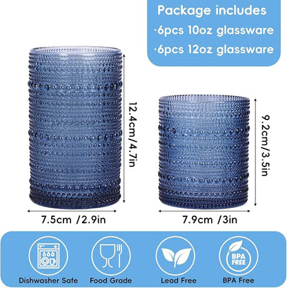 Moretoes 12 Pack Blue Hobnail Drinking Glasses, Vintage Water Glass Cups | - Image 3